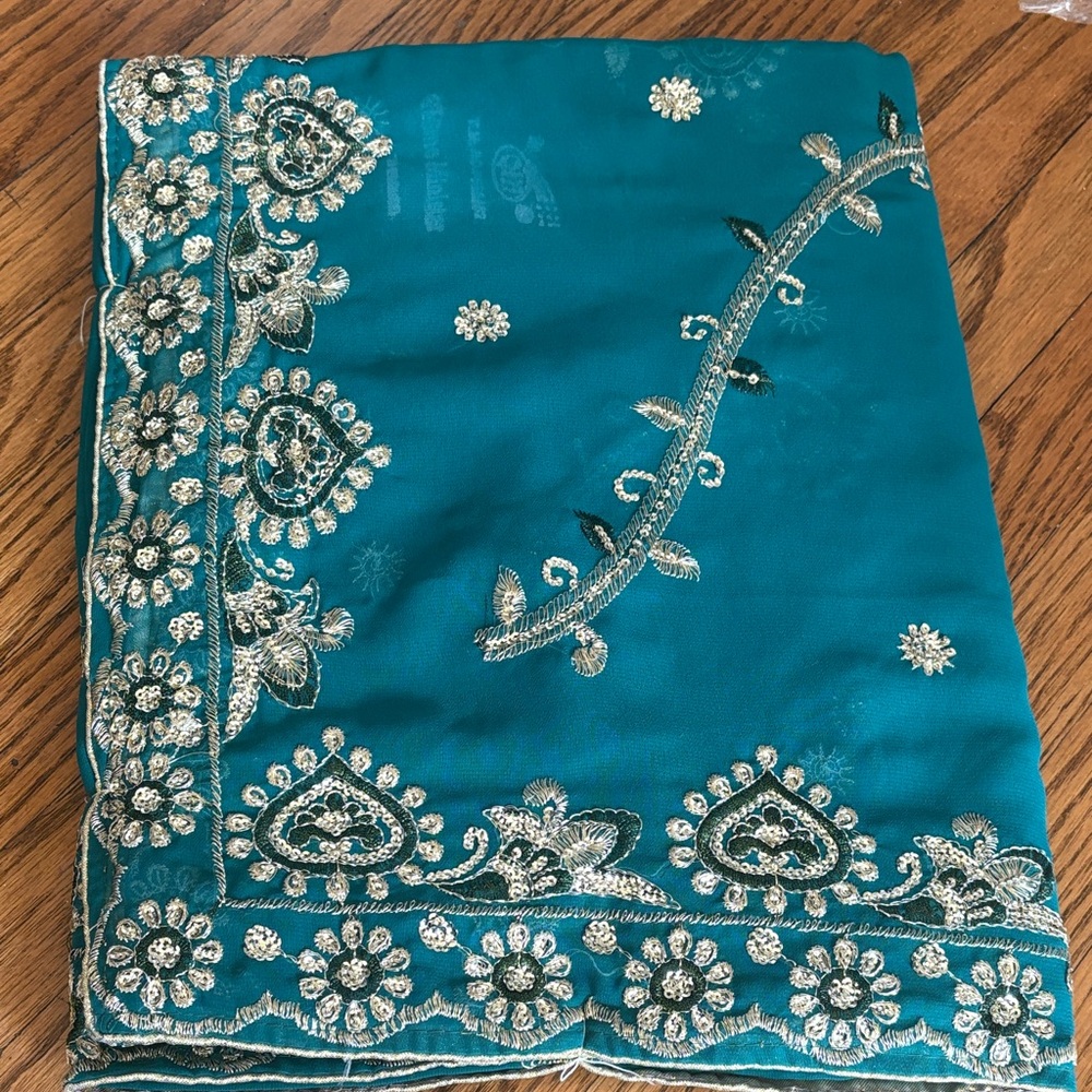 Brand New Teal Green Saree with Gold Embroidery